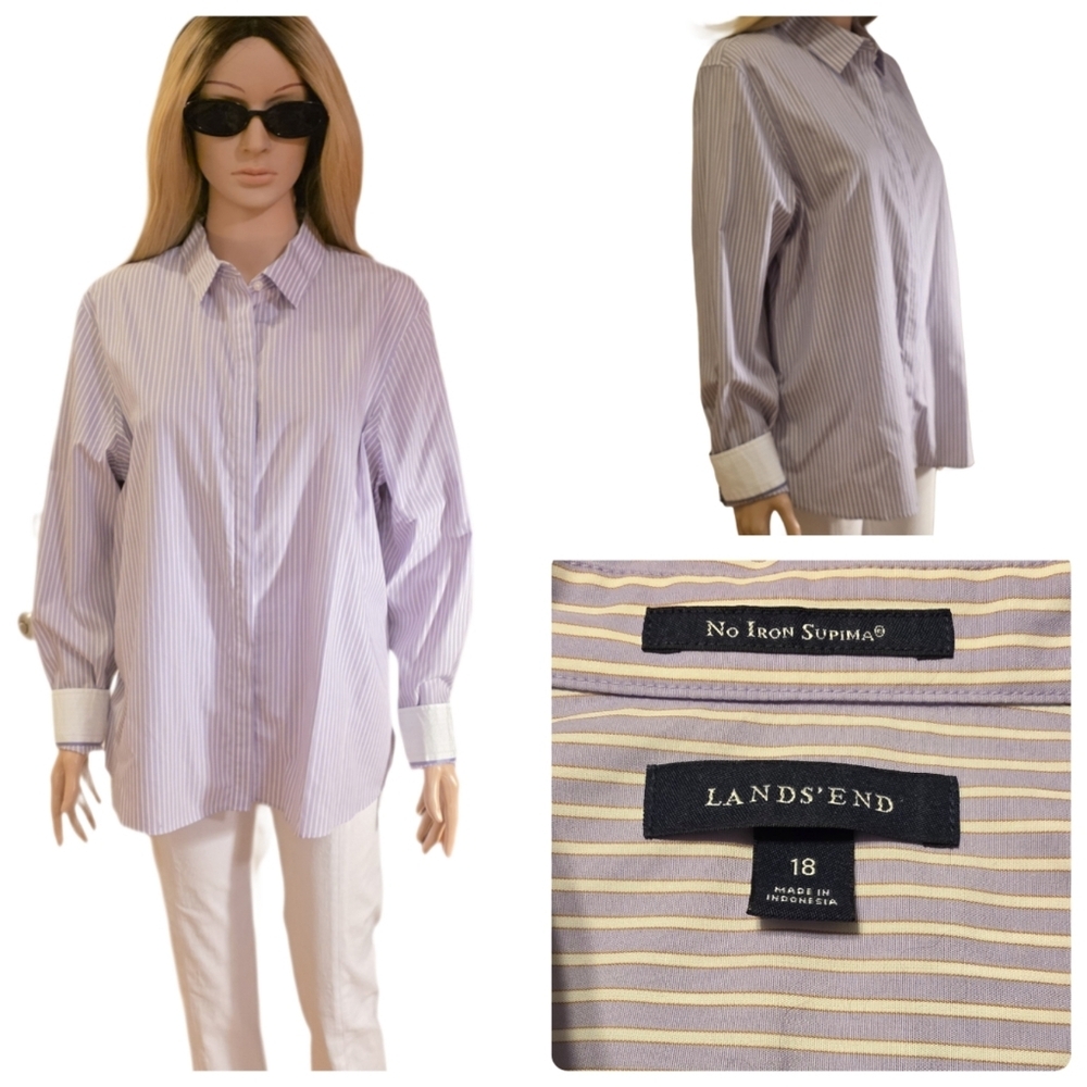 Lands' End No Iron Supima Cotton Purple & White Striped Button Down  SZ 18  EUC